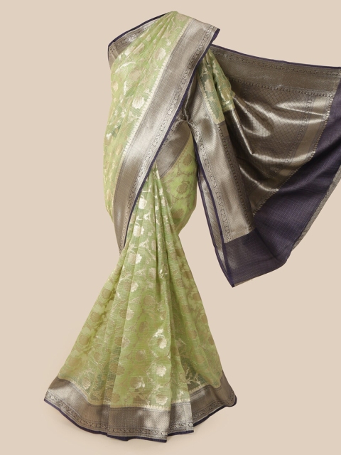 

Pothys Green & Silver-Toned Pure Silk Woven Design Banarasi Saree