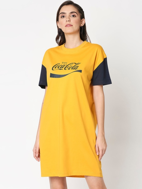 

Bewakoof Women Yellow Colourblocked Cotton T-shirt Dress