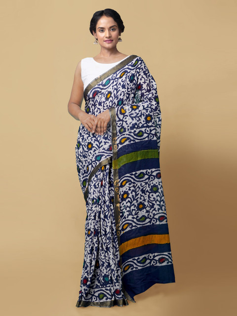 

Unnati Silks White & Navy Blue Pure Cotton Printed Dabu Saree