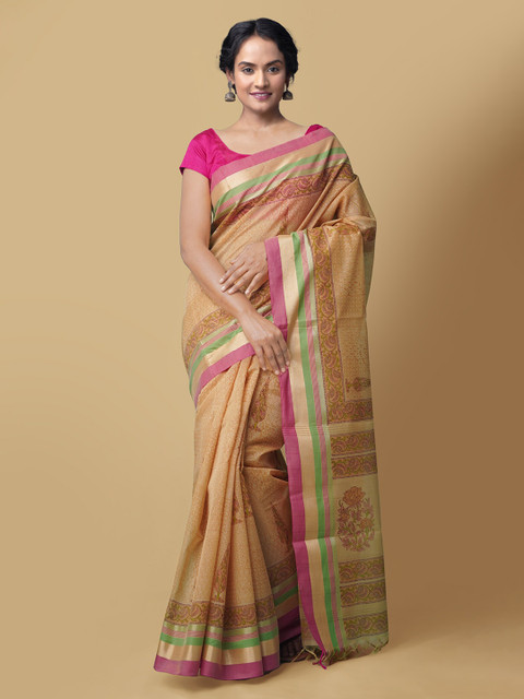 

Unnati Silks Cream-Coloured & Green Silk Cotton Printed Chanderi Handloom Saree