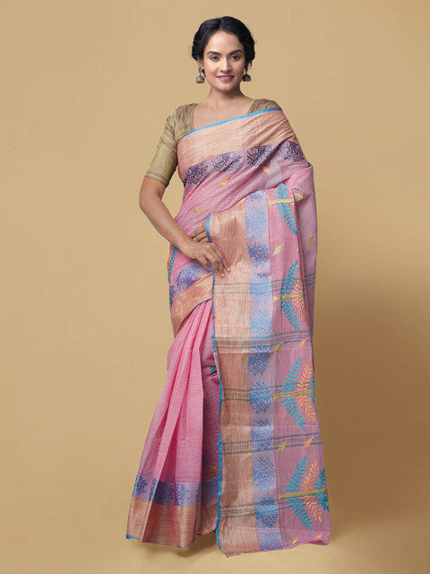 

Unnati Silks Pink & Blue Pure Cotton Striped Baluchari Saree