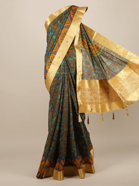 

Pothys Olive Green Printed Jute Silk Saree