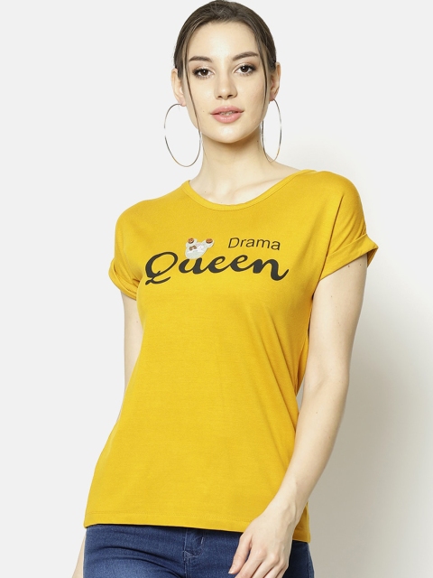 

V2 Value & Variety Mustard Yellow Printed Pure Cotton Chambray Regular Top