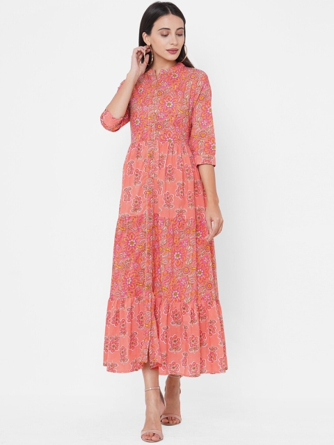 

FASHOR Women Peach-Coloured Printed Fit and Flare Dress