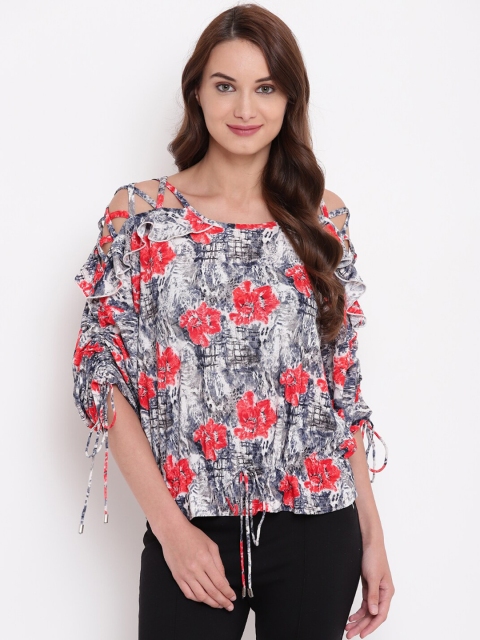 

Texco Grey & Pink Floral Printed Tie-Up Sleeves Drop Waist Top