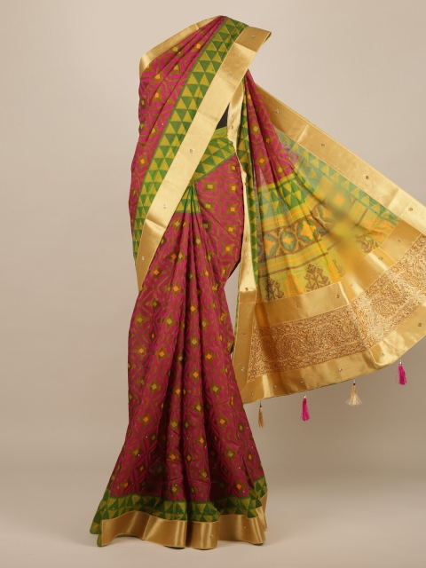 

Pothys Magenta & Gold-Toned Jute Silk Woven Design Saree