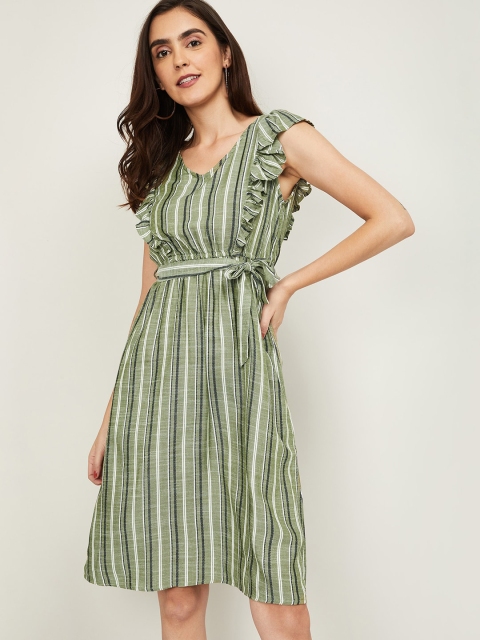 

Fame Forever by Lifestyle Women Olive Green Striped A-Line Dress
