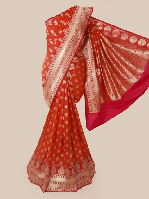 

Pothys Orange & Gold-Toned Pure Silk Woven Design Banarasi Saree