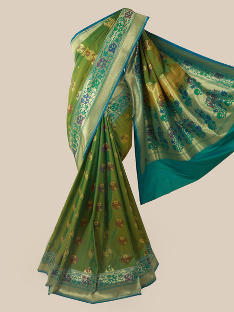 

Pothys Green & Gold-Toned Pure Silk Woven Design Banarasi Saree