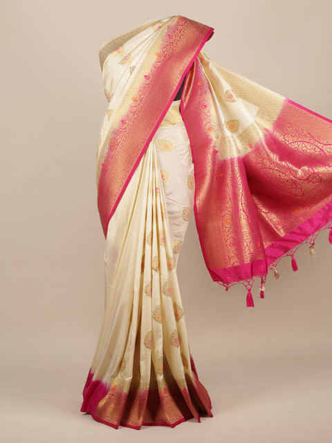 

Pothys Cream-Coloured & Pink Jute Silk Woven Design Saree