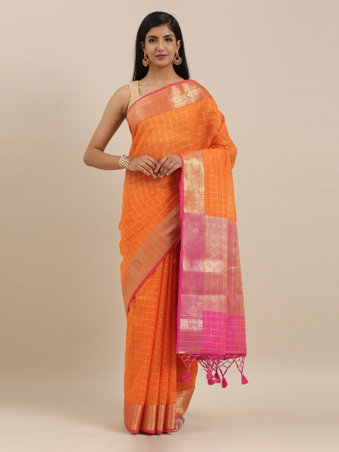 

The Chennai Silks Orange & Pink Silk Cotton Checked Maheshwari Saree