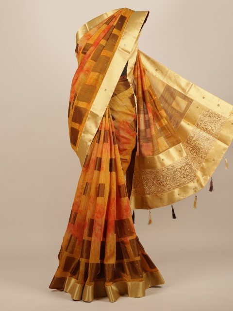 

Pothys Mustard Yellow Checked Jute Silk Saree