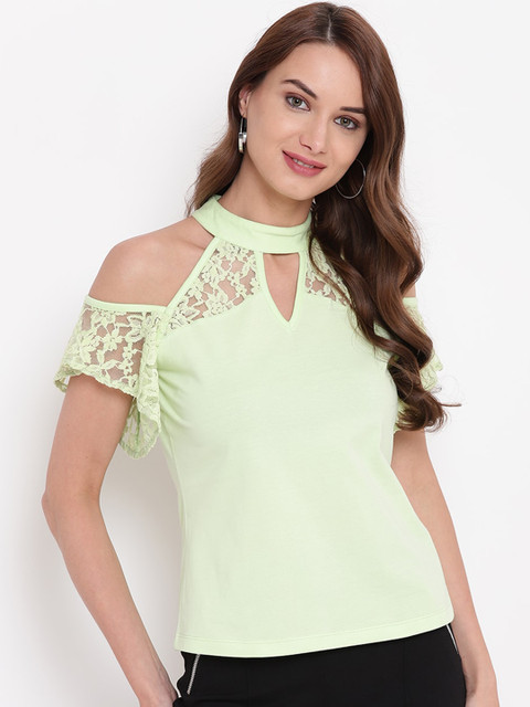 

Texco Green Keyhole Neck Cold-Shoulder Sleeves Regular Top