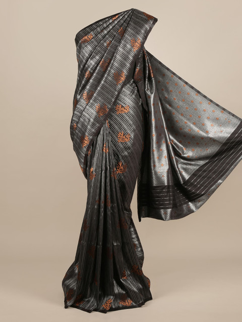 

Pothys Black & Silver-Toned Jute Silk Striped Saree