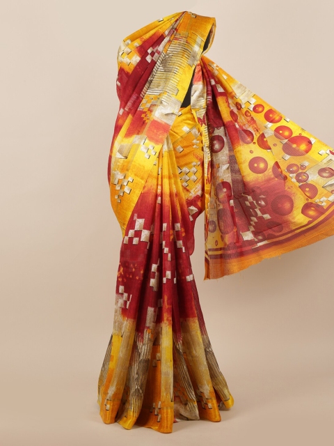 

Pothys Maroon & Yellow Jute Silk Printed Saree