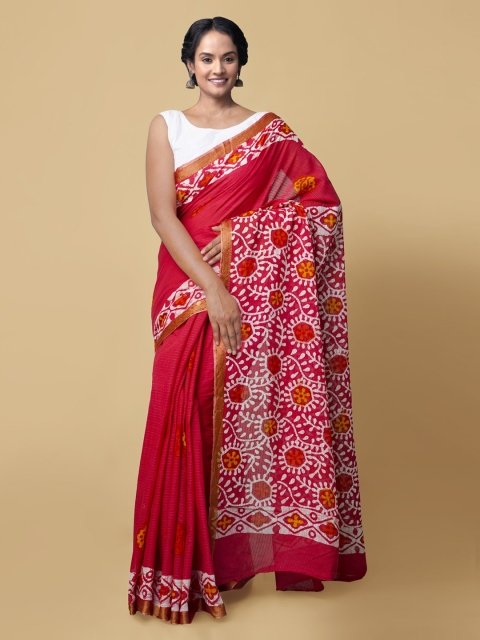

Unnati Silks Red & White Pure Cotton Printed Dabu Handloom Saree