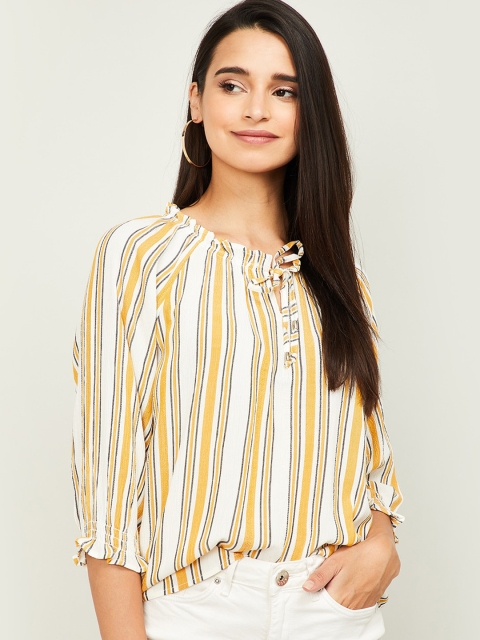 

Fame Forever by Lifestyle White & Yellow Striped Tie-Up Neck Puff Sleeves Regular Top