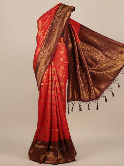 

Pothys Red & Gold-Toned Jute Silk Woven Design Saree