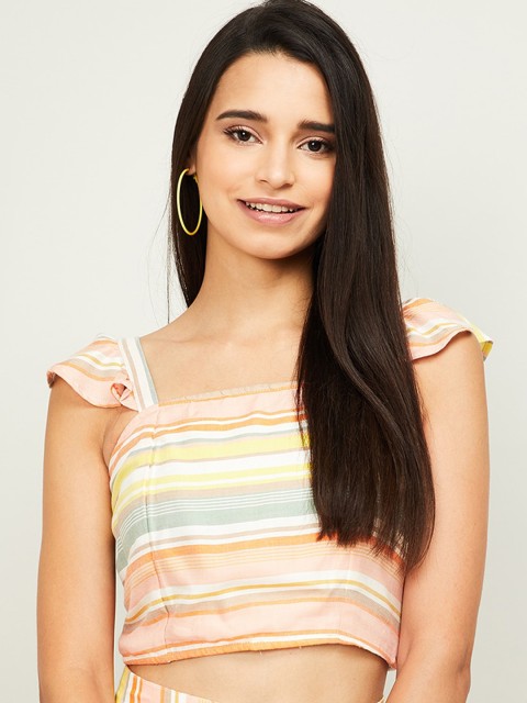 

Ginger by Lifestyle White & Yellow Striped Fitted Crop Top
