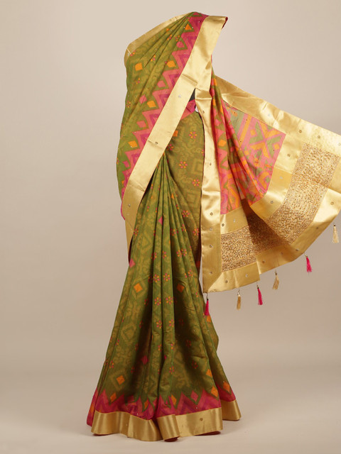 

Pothys Green & Gold-Toned Jute Silk Printed Saree