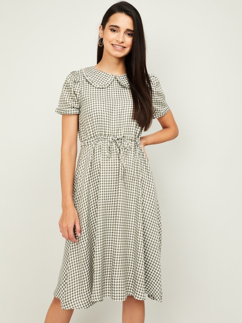 Fame Forever by Lifestyle Women Olive Green Checked Fit and Flare Dress