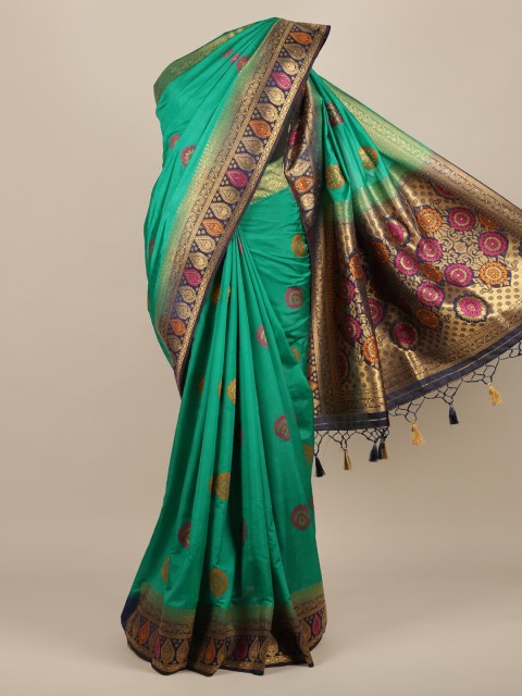 

Pothys Green Woven Design Jute Silk Saree With Tasseled Pallu