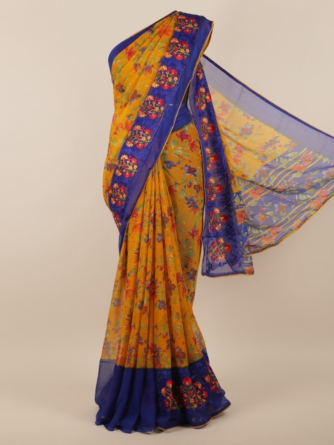 

Pothys Mustard Yellow & Blue Poly Chiffon Floral Printed Saree