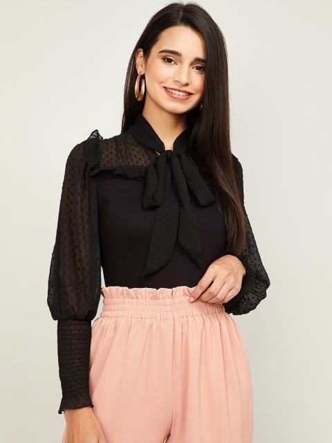 

CODE by Lifestyle Black Tie-Up Bishop Sleeves Neck Regular Top
