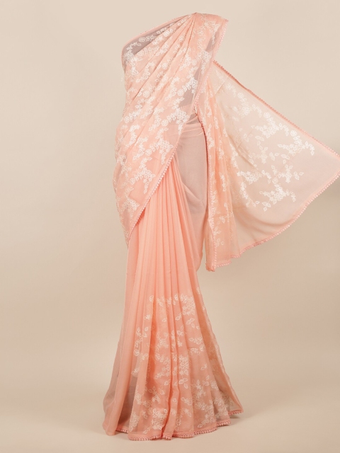 

Pothys Peach-Coloured & White Poly Chiffon Floral Embroidered Saree