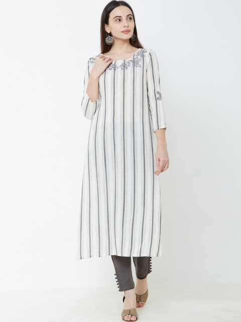 

FASHOR Women Grey & White Striped Kurta