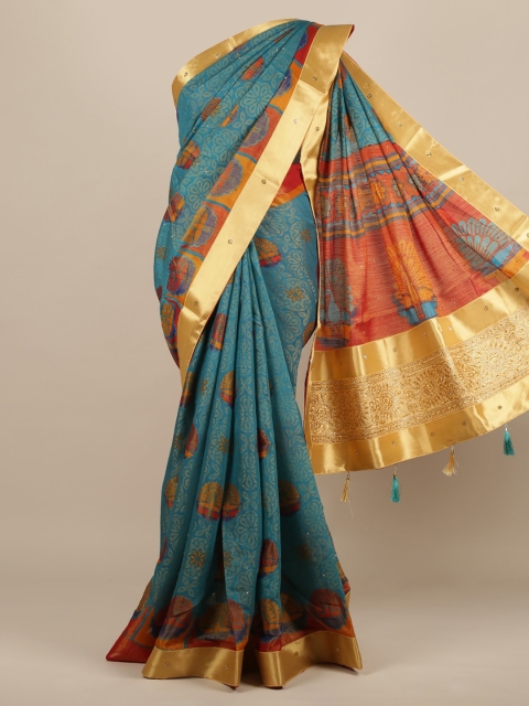 

Pothys Teal Blue & Red Jute Silk Woven Design Saree