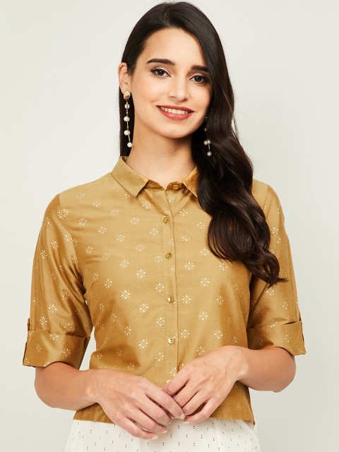 

Melange by Lifestyle Gold-Toned Geometric Printed Roll-Up Sleeves Shirt Style Top