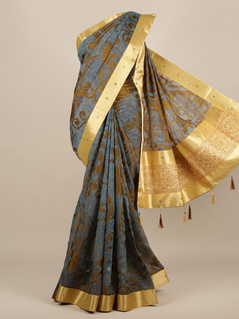 

Pothys Grey & Gold-Toned Jute Silk Woven Design Saree With Tasseled Pallu