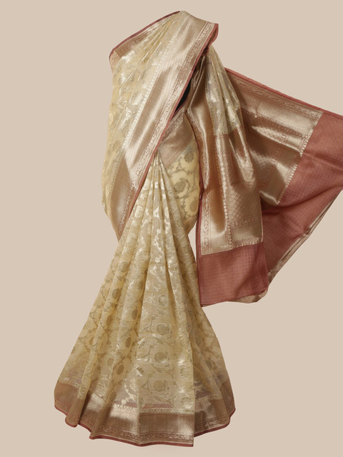 

Pothys Cream-Coloured & Gold-Toned Pure Silk Woven Design Banarasi Saree