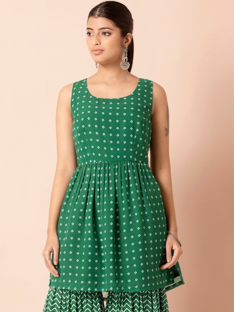 

INDYA Women Green & White Bandhani Printed Kurta