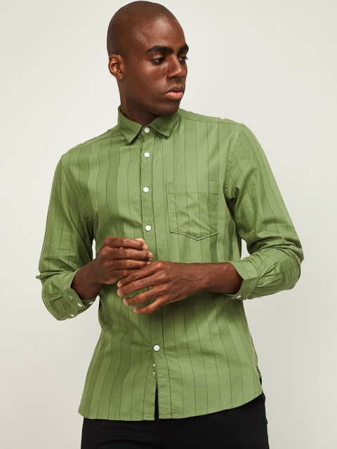 

CODE by Lifestyle Men Olive Green Slim Fit Striped LEM Cotton Casual Shirt