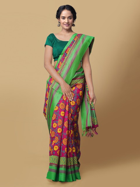 

Unnati Silks Pink & Green Silk Cotton Printed Chanderi Handloom Saree