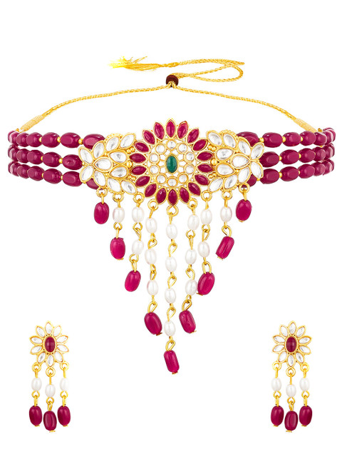 

aadita Gold-Plated Maroon & White Kundan Studded & Beaded Choker Jewellery Set