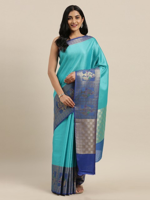 

The Chennai Silks Turquoise Blue & Gold-Toned Organza Woven Design Banarasi Saree