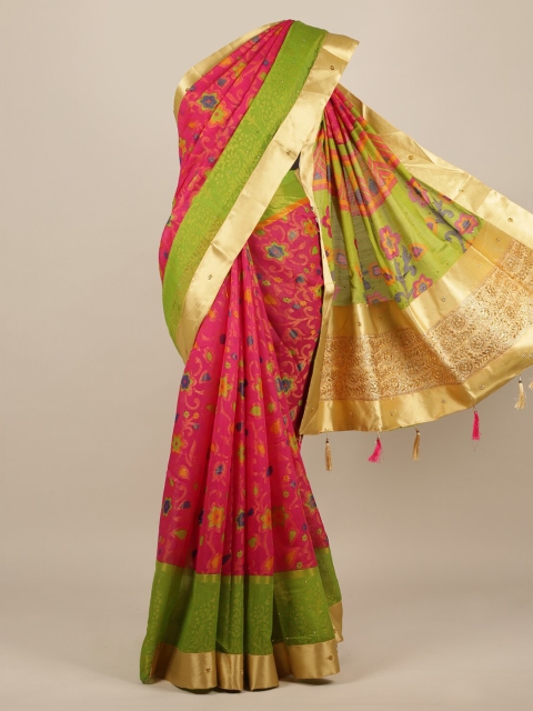 

Pothys Pink & Green Jute Silk Floral Woven Design Saree