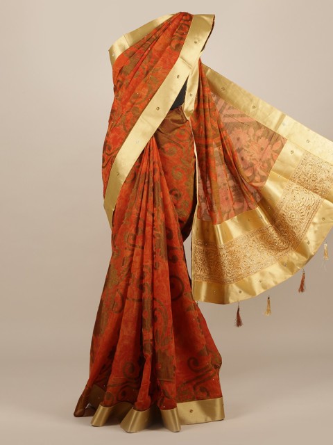 

Pothys Orange & Green Jute Silk Woven Design Saree