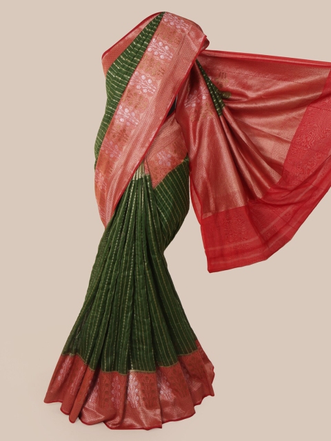 

Pothys Green Pure Silk Striped Banarasi Saree