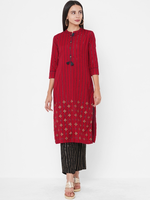 

FASHOR Women Red & Black Striped Foil Print Kurta