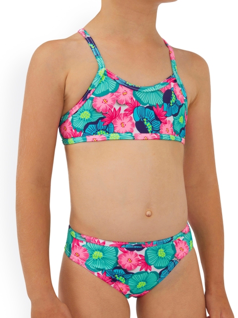 

OLAIAN By Decathlon Girls Torquise Blue and Pink Floral Printed Surf Swimsuit, Turquoise blue