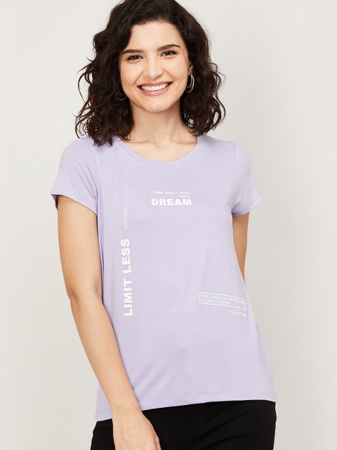 

Fame Forever by Lifestyle Women Lavender & White Printed Round Neck T-shirt