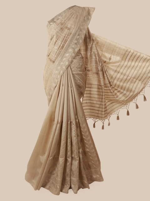

Pothys Cream-Coloured & White Jute Silk Floral Embroidered Saree