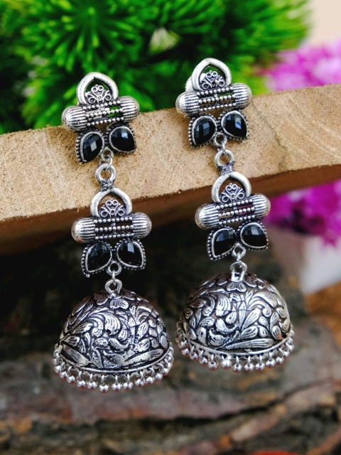 

Crunchy Fashion Oxidized Silver-Plated Black Studded Dome Shaped Jhumkas