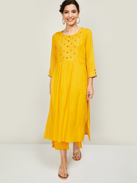 

Melange by Lifestyle Women Yellow & Red Yoke Design Kurta with Palazzos