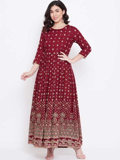 

TULIP 21 Women Maroon & Green Ethnic Motifs Printed Anarkali Kurta