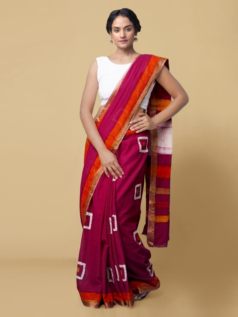 

Unnati Silks Pink & White Pure Cotton Printed Dabu Saree